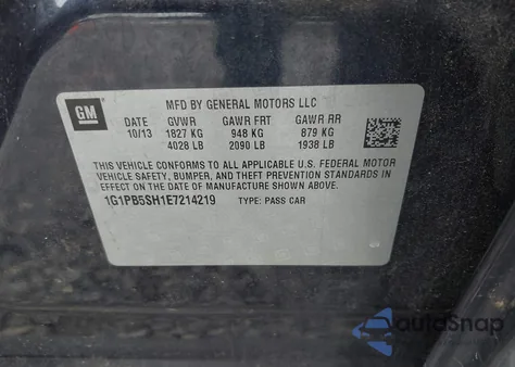 2014 Chevrolet Cruze Ls Manual from USA, damaged, VIN 1G1PB5SH1E7214219